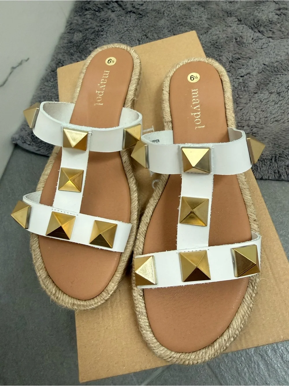 White Slide Sandals with Gold Pyramid Studs